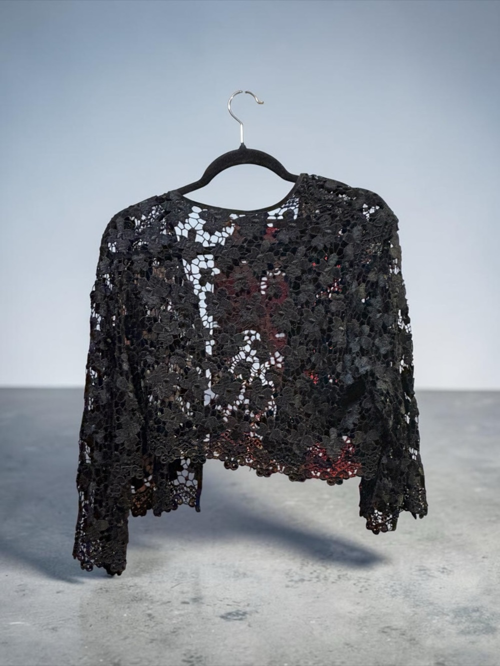 Vintage 90’s SAM floral black lace jacket/cardigan made in US rayon XL